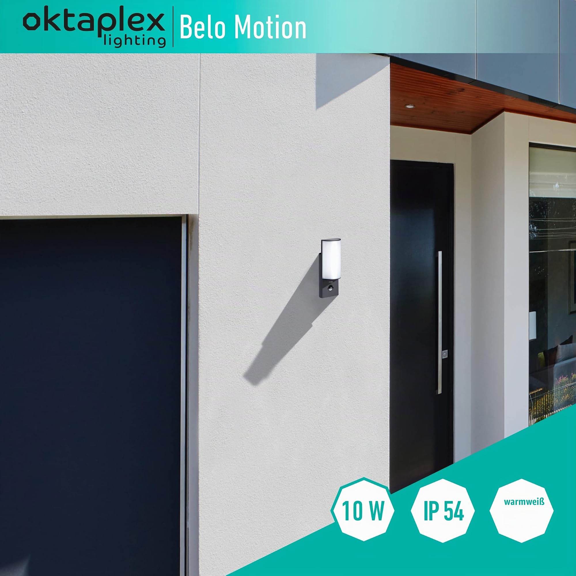 Oktaplex LED Außenleuchte mit Bewegungsmelder Belo 10W IP54 | Außenlampe anthrazit, Wand Außen, Außenwandleuchte Sensor, 3000K Warmweiß