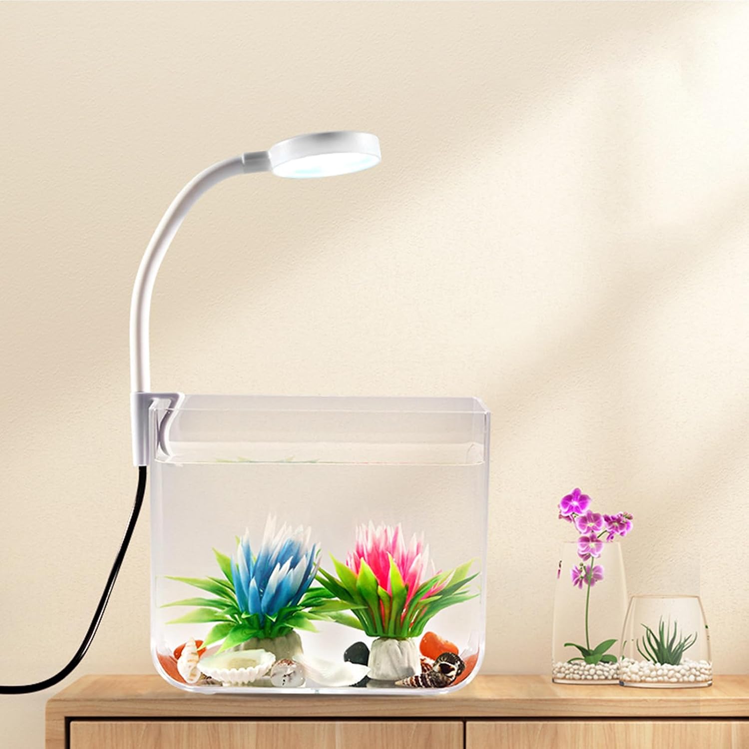 Small Aquarium with Clip Lights Clear Non-Slip Base | Betta Fish Aquarium Desk Decor for Home Bedroom Living Room Office Hotel Family Adults Kids Beginner