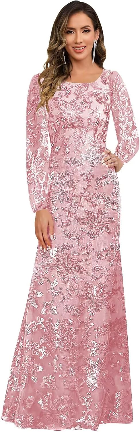 Long Sleeve Mother of Bride Dresses for Women Sequin Lace A Line Formal Evening Dress