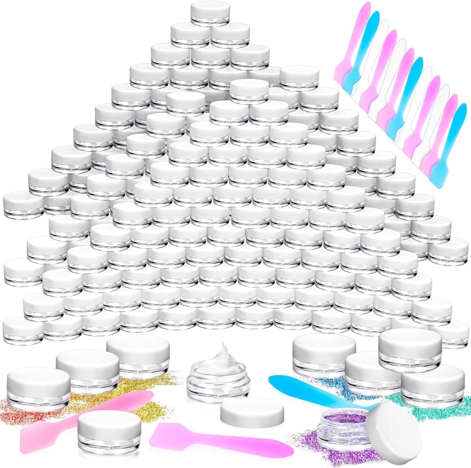 MotBach 100 Pcs 3g Empty Plastic Containers with White Lids,Tiny Makeup Sample Containers, Small Pot Jars Clear Round Cosmetic Jars with 20 Pcs Mini Spatulas for Liquid Sample Powder Creams
