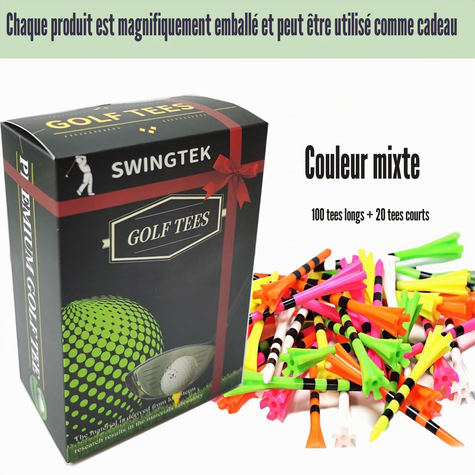 SWINGTEK Lot de 120 tés de golf en plastique, contient 100 tés longs de 8 cm incassables et 20 tés courts, couleurs mélangées, réduction de la résistance à la friction