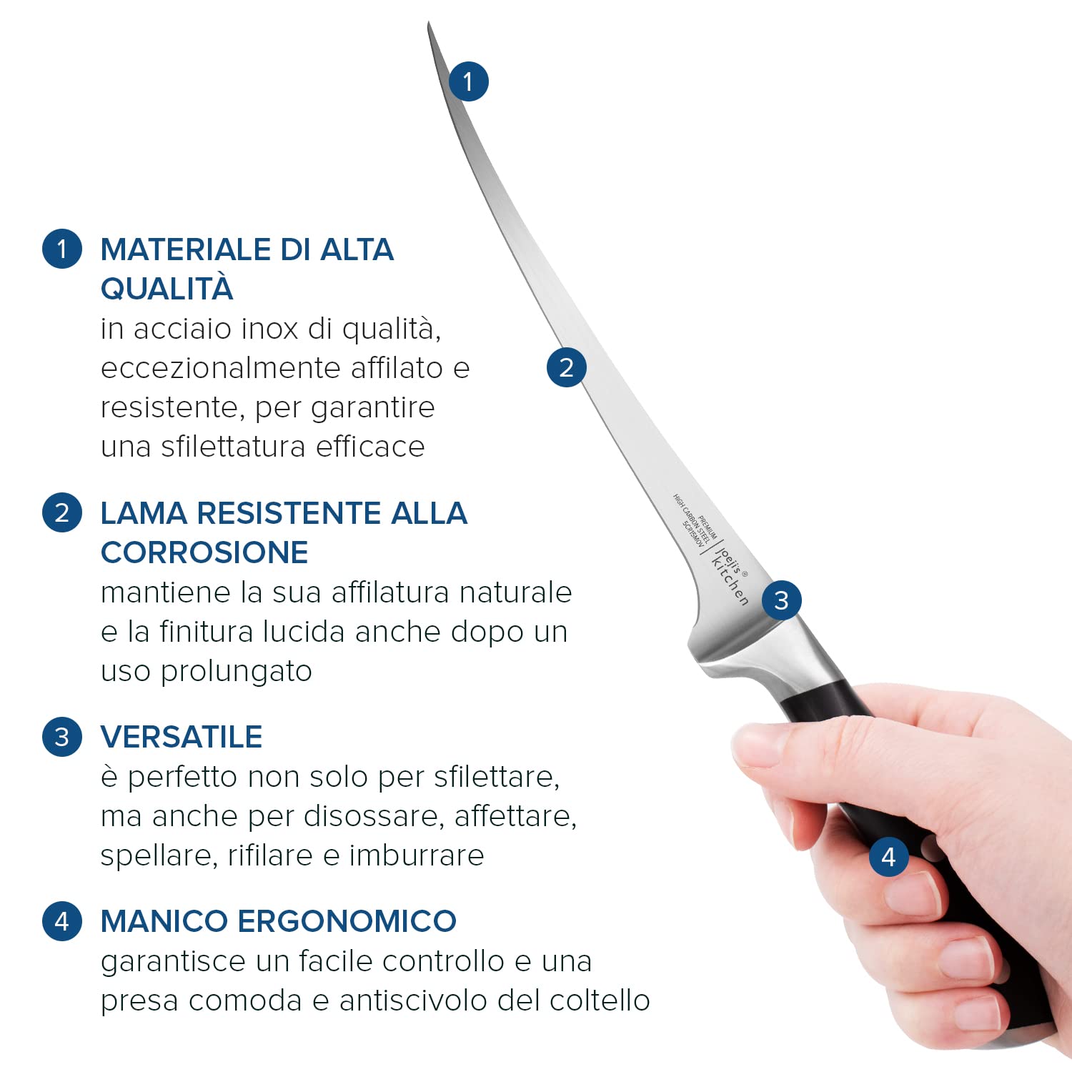Joejis Coltello cucina 32cm inox Coltello per sfilettare pesce per disossare con impugnatura ergonomica e custodia Coltello cucina di piccole dimensioni per spellare o rifilare pesce o carne.