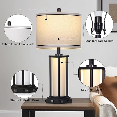 Miniatura 7 de 27in Tall Farmhouse Table Lamp with USB C+A & Outlet,Black Industrial End Table Lamp for Living Room,Vintage Rustic Bedside Lamp with Night Light