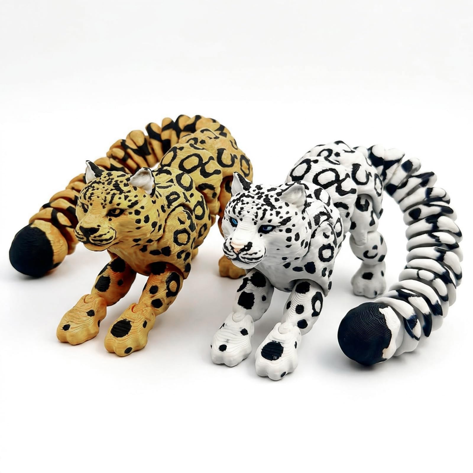 3D Printed Animals, 2 Pcs Articulated Leopard and Snow Leopard 3D Printed Figures, Flexible 3D Printed Fidget Desk and Room Decor, Detailed Textured Animal Statues for Collectors and Adults
