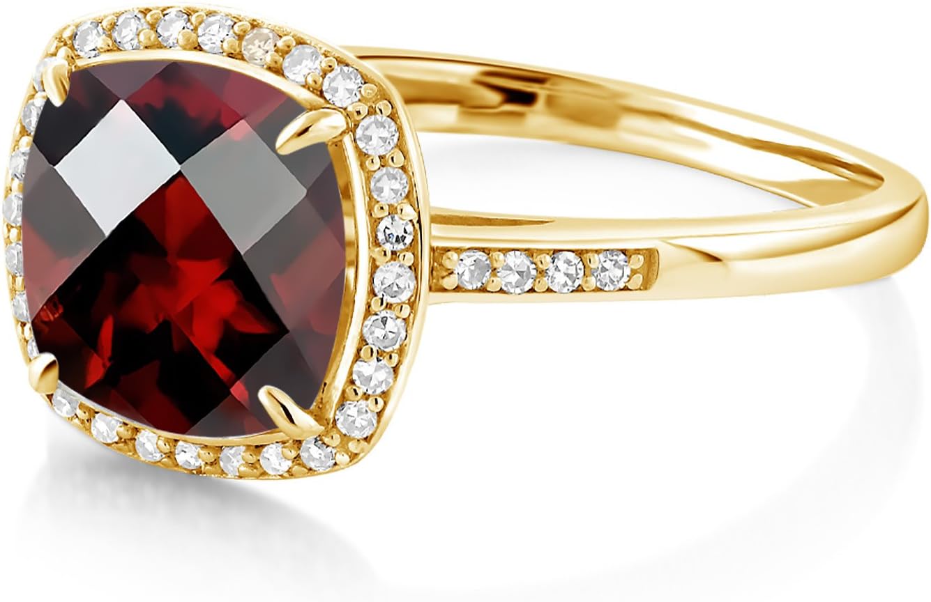 Gem Stone King 10K Yellow Gold Red Garnet and White Diamond Halo Engagement Ring for Women | 2.75 Cttw | Cushion Checkerboard 8MM | Wedding Anniversary Promise Ring