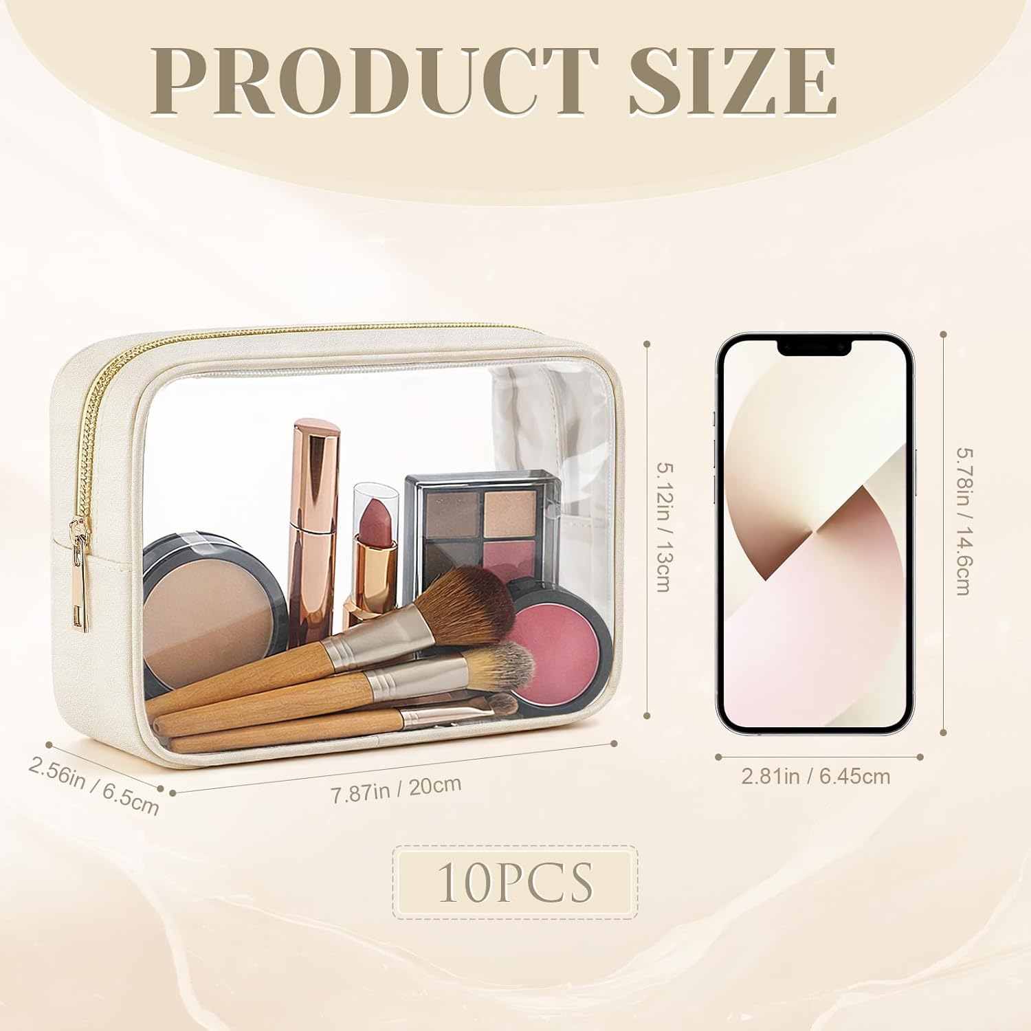 Abbylike 10 Pcs Clear Makeup Bags Bulk PU Leather Portable Travel Cosmetic Case Tsa Approved Toiletry Bags with Zipper Car Console Organizer Waterproof Makeup Pouch for Girl Women Travel (Light Beige)