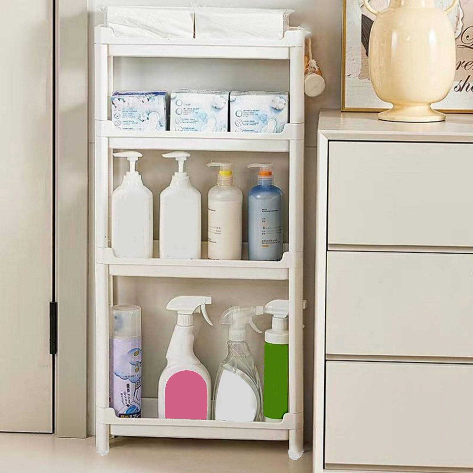 Carrito Utili de 3 niveles con ruedas, estante delgado de plástico hueco para ahorrar espacio, estante para cocina, baño, oficina y lavandería, color blanco