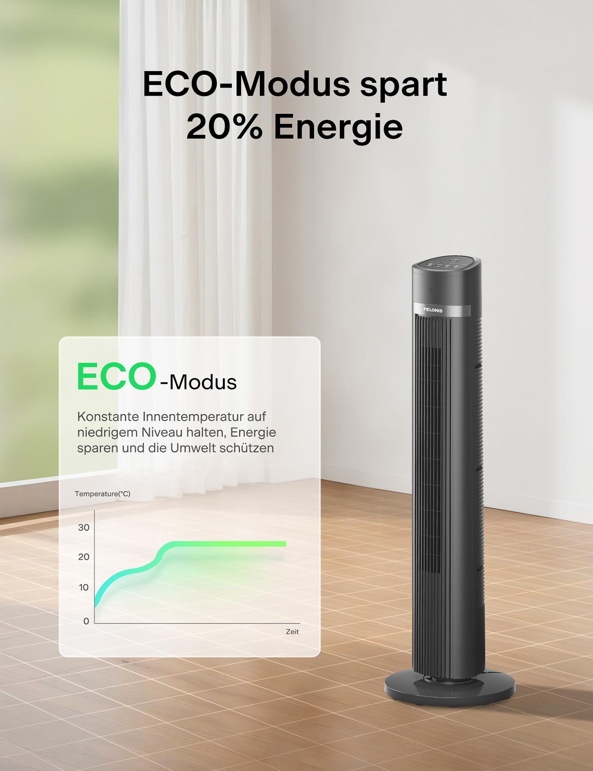 Pelonis Turmventilator 40 Zoll 102CM mit Fernbedienung, 7m/s Tower Fan 90° Oszillation, 15-Std-Timer, 3 Geschwindigkeiten