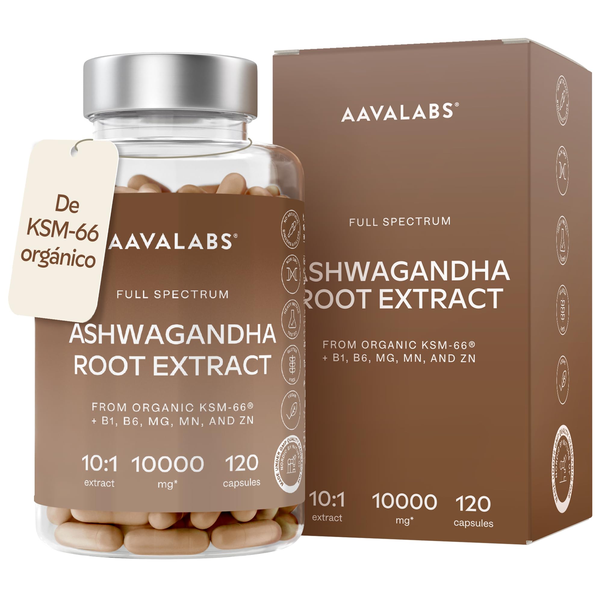 Ashwagandha KSM-66 1000mg (Proporción de Extracto 10:1 Equivalente a 10,000mg por Porción) - 5% de Withanólidos - Ashwagandha Organica con Magnesio, Manganeso, Zinc y Vitamina B6, B1-120 Capsulas