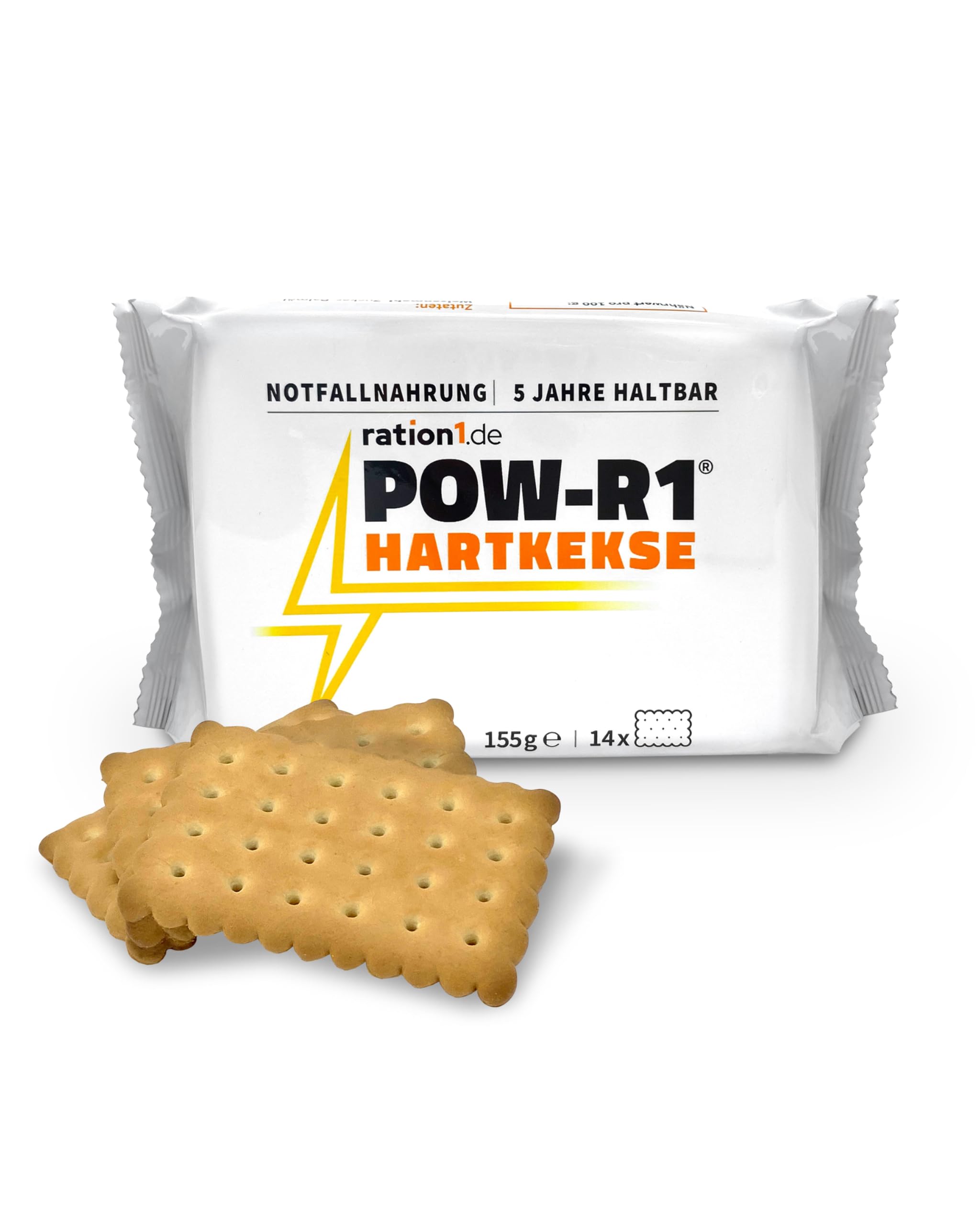 ration1 abgepackte Kekse, POW-R1® Hartkekse, Panzerplatten Bundeswehr, 14x knusprige Plätzchen je Packung 155g, Butterkeks Geschmack, 5 Jahre haltbar, ideal für unterwegs, Camping, Wandern, Notnahrung