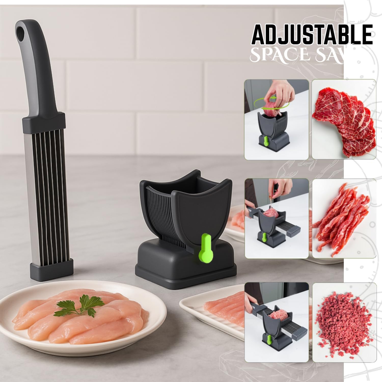 Fresh Meat Slicer & Cleaver Set – Adjustable 2mm/4mm Thickness –17 Blade Manual Meat Slicer for Beef, Pork, Chicken – Slice, Shred, Dice – Home Cooking, BBQ, Jerky, Hot Pot