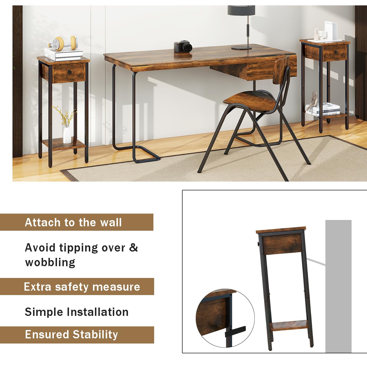 IBUYKE Lot de 2 Tables de Chevet Étroite,Pieds en Métal,Marron TMJ417H-2