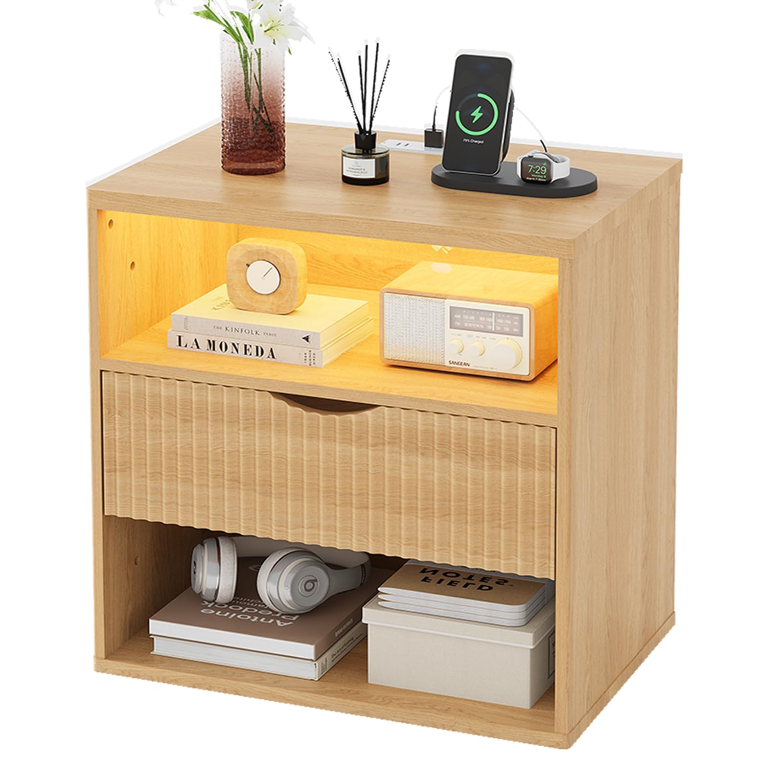 LAKEMID Fluted Wood Nightstand with Charging Station,24" Night Stand with Lights,Bedside Tables with Drawers,Bed Side Table for Bedroom,Natural Oak