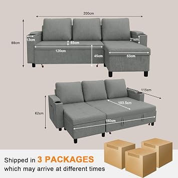 Devoko L-Shaped Corner Sofa Bed with Storage, 3-Seater Pull out Convertible Foldable Sleeper, Modern Settee with Cup Holders, Grey Sofabed for Living Room & Bedroom