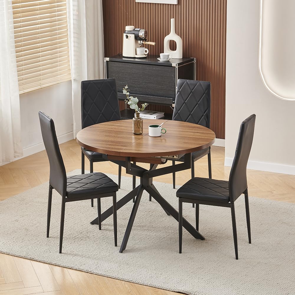 Rainbow Tree 100-140cm Extendable Round Dining Table and Chairs Set 4 People, Space Saving Dining Table with 4 Black Leather Chairs for Dining Room — image 1