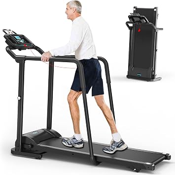 Ksports Advanced Rehab Walking Treadmill with 2.25HP Motor, Long Handrails for Balance, 287 LB Capacity, 0.4-8.0 MPH, 3-Level Incline, Bluetooth for Kinomap, Zwift & FitShow, Foldable with LCD Display