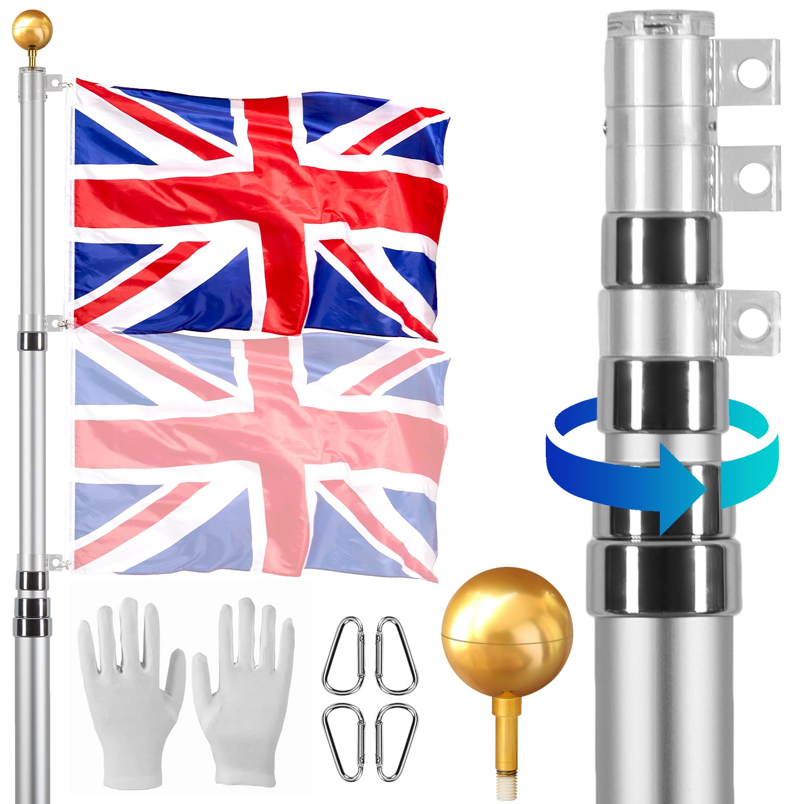 VEVOR 25FT Telescopic Flagpole Kit, Heavy Duty Aluminum Alloy Flag Pole Kit in Ground for Outside, 3 Display Modes Flagpole with Professional Accessories, British Flag, Silver