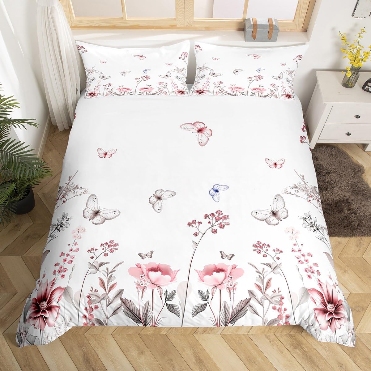 Loussiesd Girl Flower Bedding Female Pollen Red Butterfly Duvet Cover Junior/Cot Bed Romantic Plant Flower Branch Printed Bedding Set Zipper