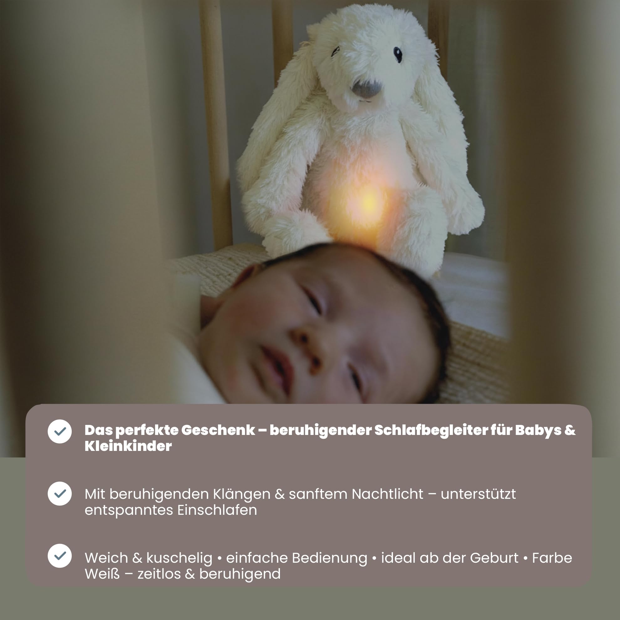 Schlafbegleiter „Ro das Kaninchen“ Weiß – beruhigende Klänge & Nachtlicht – für Babys & Kleinkinder – Zazu