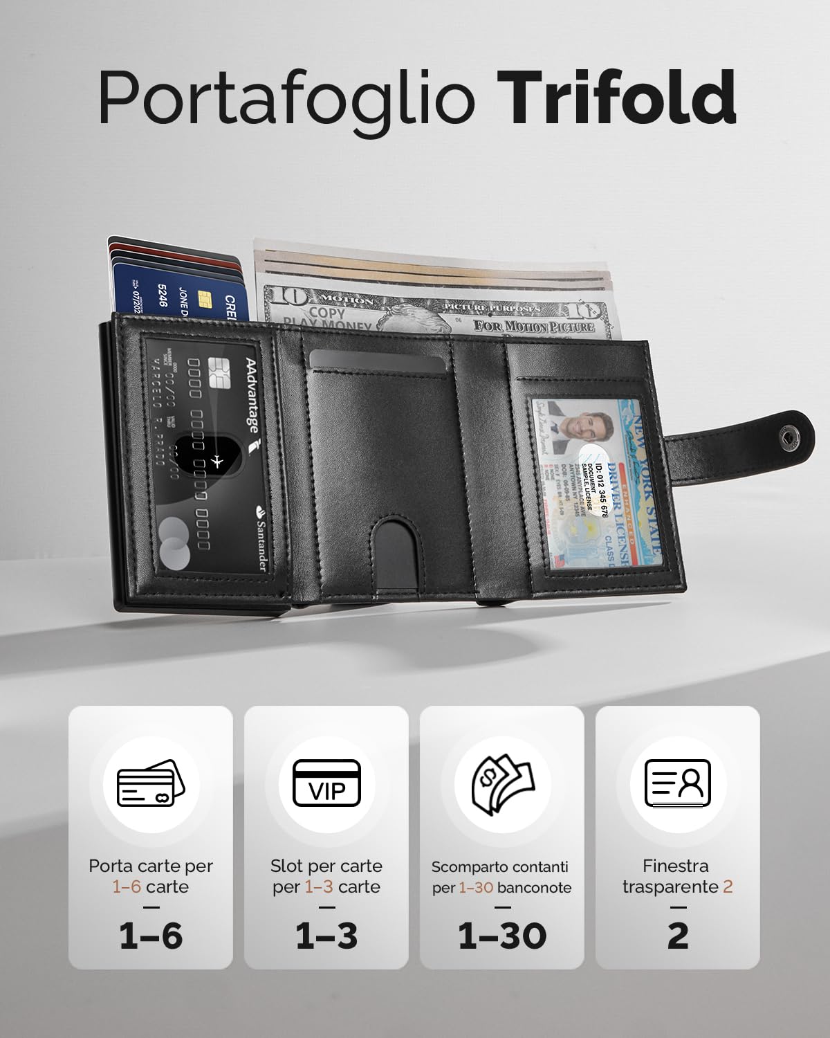 YESIIW Porta Carte Uomo Portafoglio RFID Bloccante Pelle Minimalista Smart Pop Up Portafoglio Tasca per Monete Magnetica, Porta Carte di Credito Trifold, Chiusura Bottone, Contiene 2 Finestre per ID