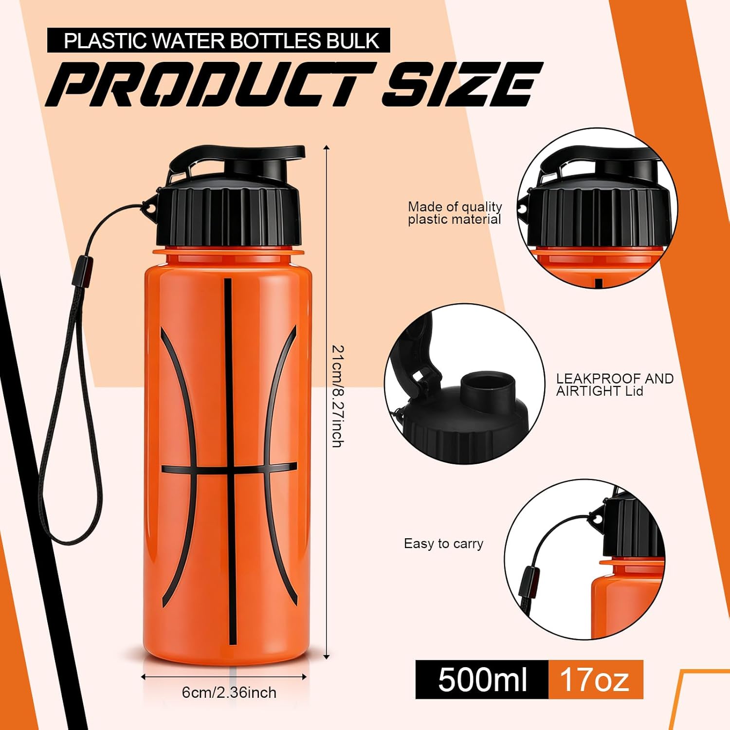 mifoci 20 pieces sports water bottle bulk 17 oz reusable plastic biking water bottle tumbler adults reusable large bottles with leak proof flip top for party outdoor (basketball,orange) orange basketball