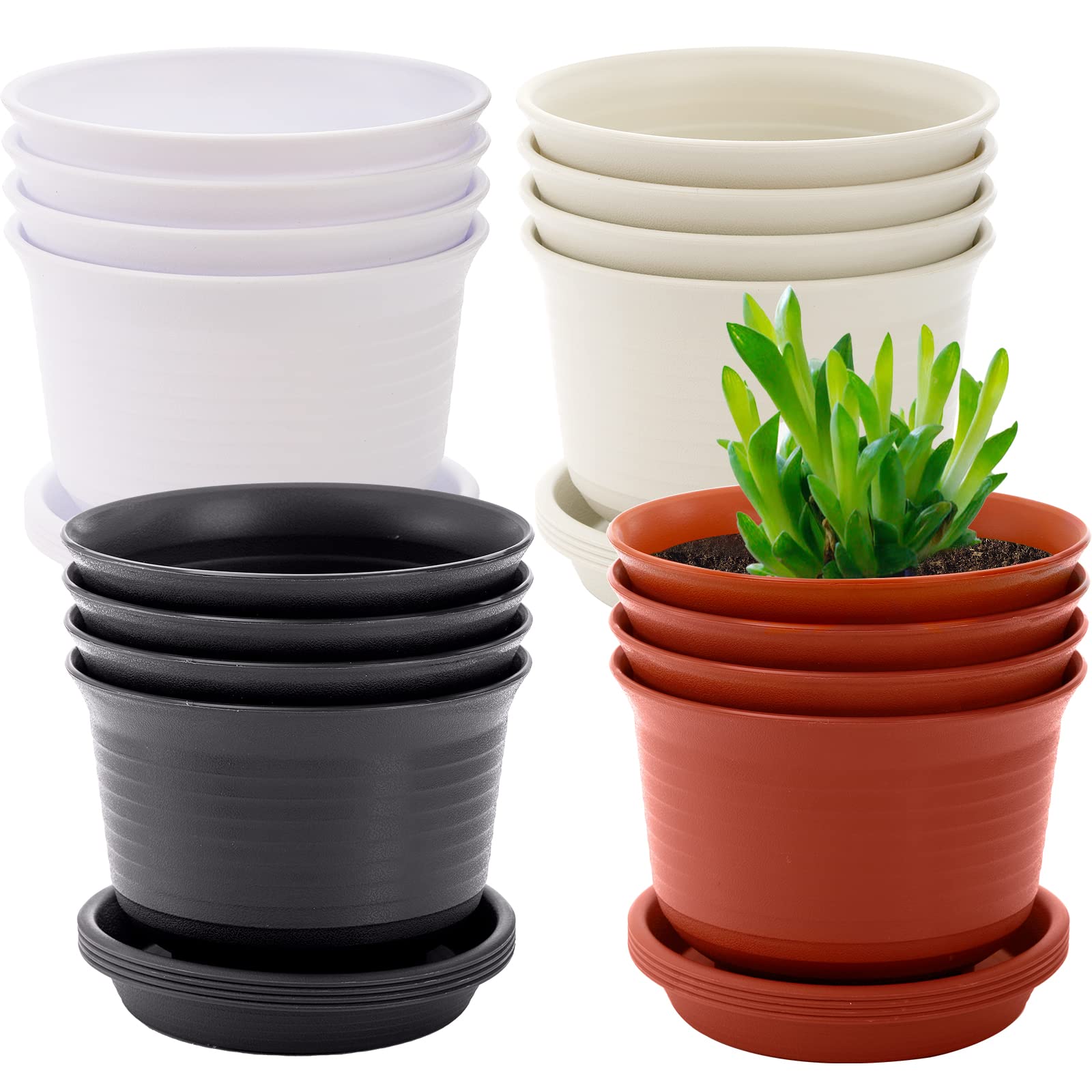Elsjoy Set of 16 Plastic Planters with Drainage Hole and Saucer, 6 Inch Plant Pots Decorative Succulents Planter Tray Flowers Bonsai Pot for House Plants, Home Garden, Indoor Outdoor Use, 4 Colors