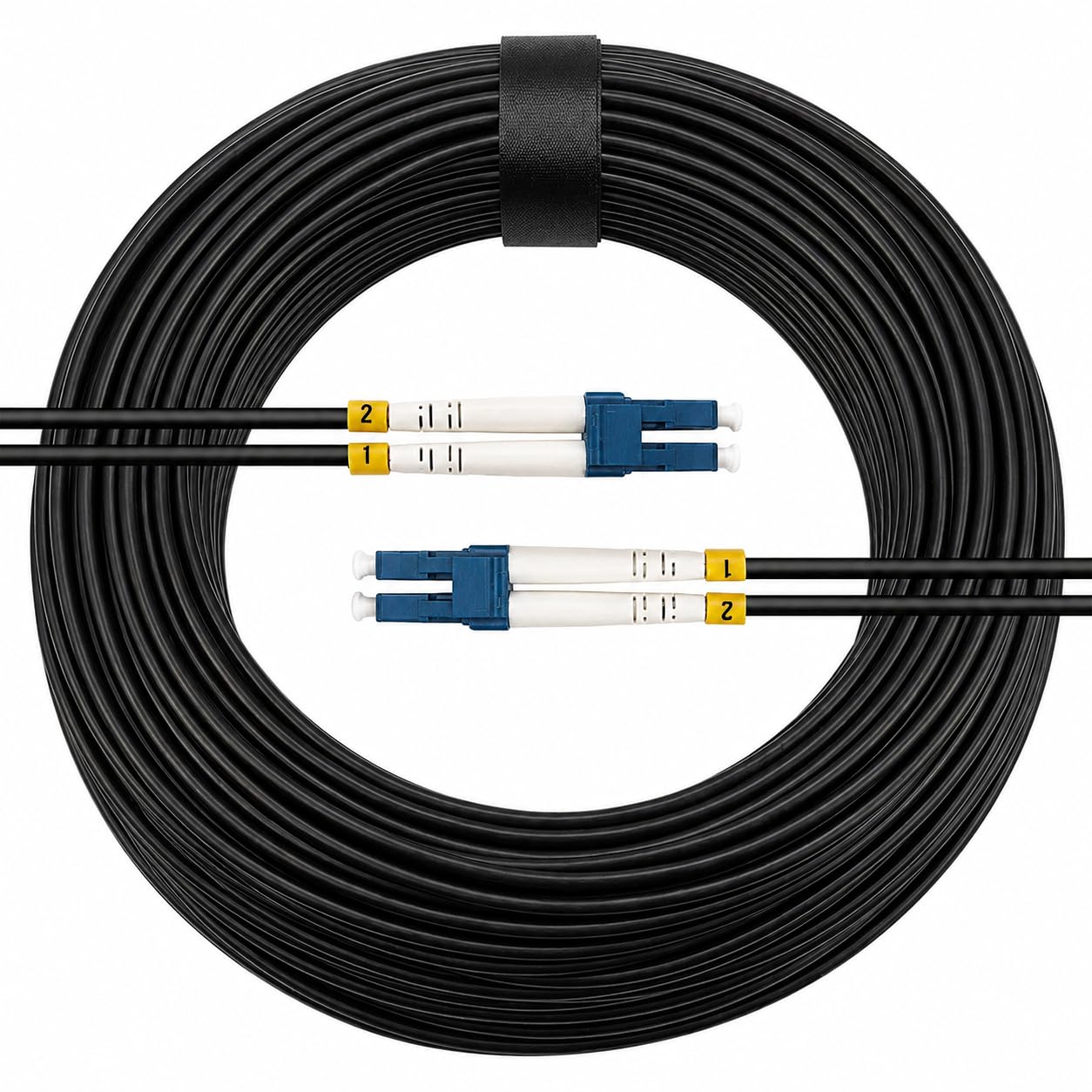 Câble Fibre Optique Armé 70m Blindé en Acier pour Intérieur et Extérieur, LC/UPC vers LC/UPC, OS2 Duplex Monomode 9/125 µm, G.657.A2, LSZH RoHS, Faible Perte, Noir