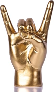 QIANLING 7.7" Gold Resin Rock On Hand Gesture Statue - Rock Culture Music Lovers Decorative Tabletop Sculpture for Bookshelf, Desk & Mantel Decor in Home or Office, Modern Symbolic Figurine