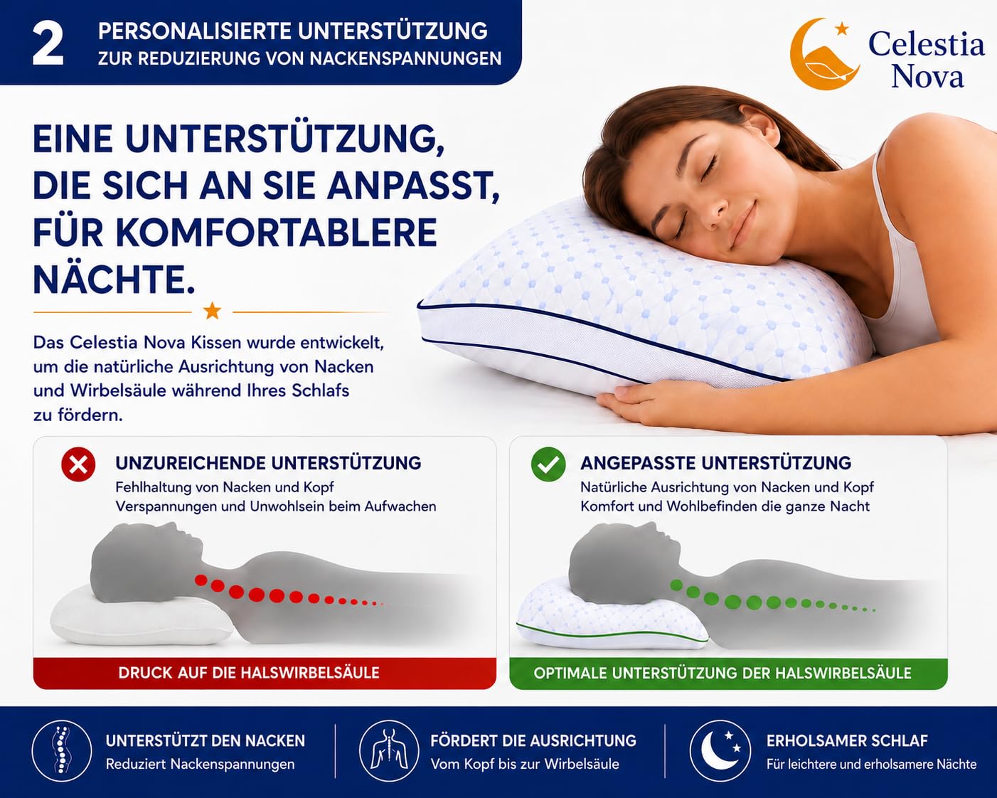Celestia Nova Ergonomisches Nackenkissen – Höhenverstellbares Memory Foam Kissen, Orthopädisches Kopfkissen für Seiten-, Rücken- und Bauchschläfer, Kühlende Gel-Fasern, Oeko-TEX