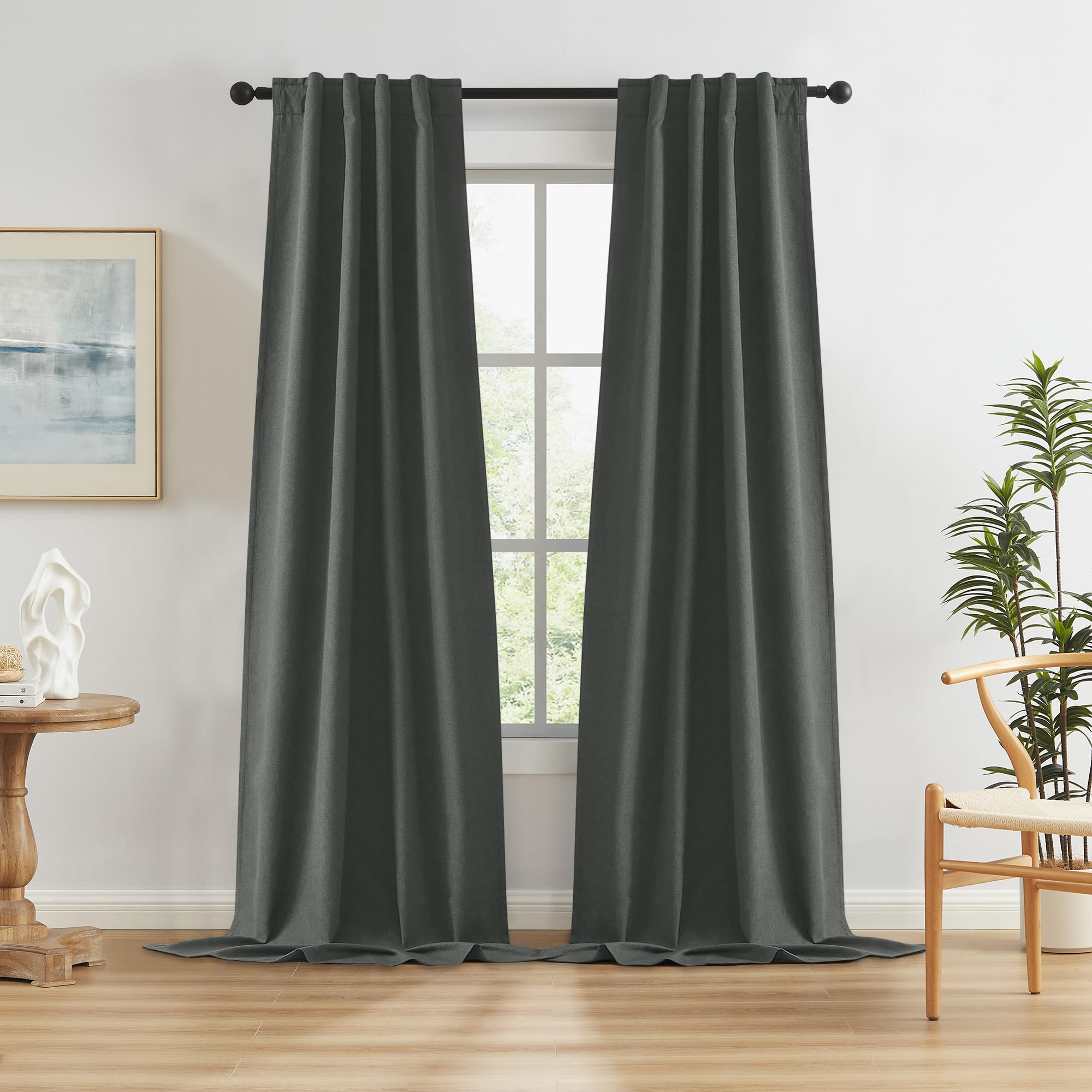 KEQIAOSUOCAI Dark Grey Blackout Curtains for Patio, 108 Inch Length, Total Sun Blocking Curtains for Living Room, Loop Hooks, Belt, 34 Inch Width, 2 Panels โ image 1