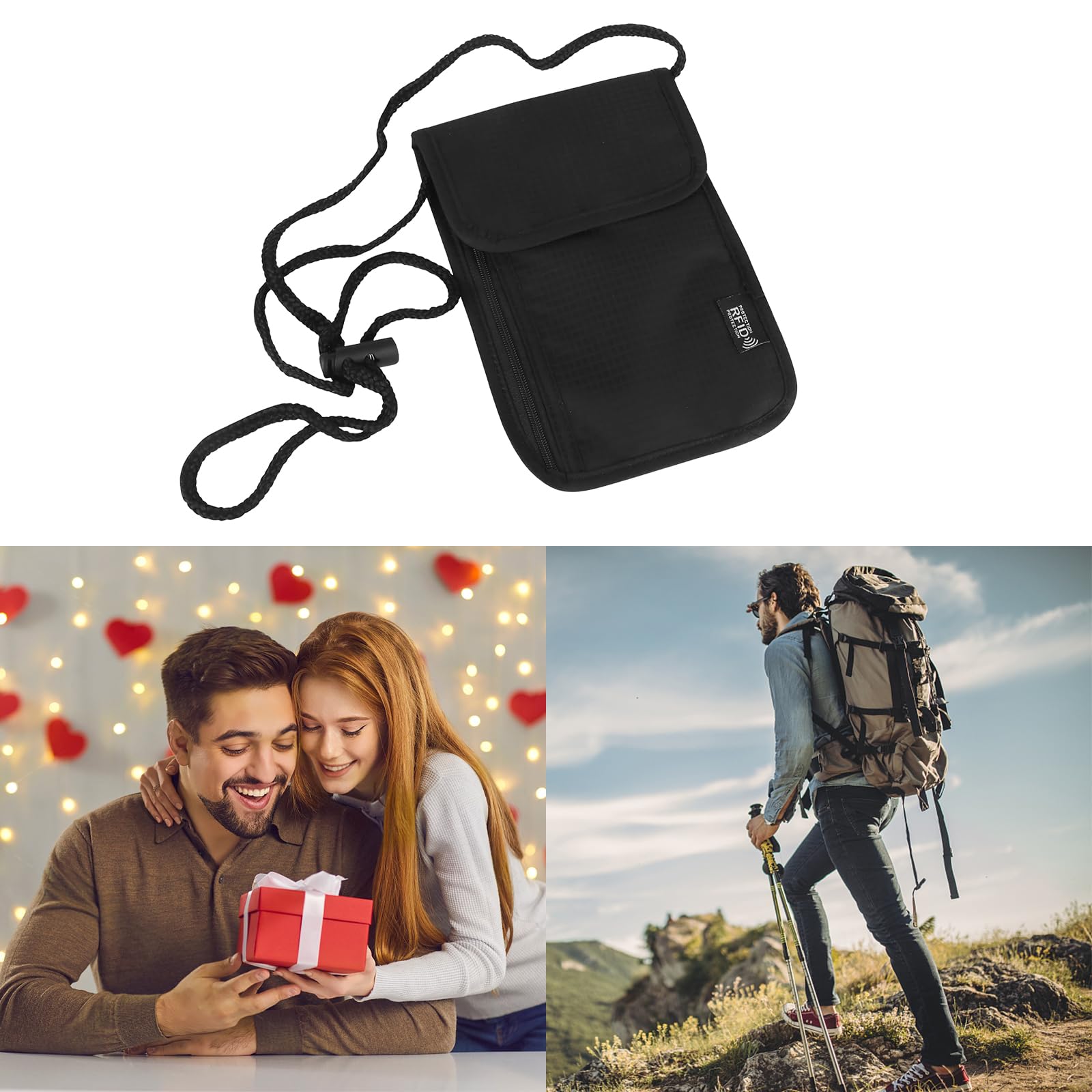 Cartera de Cuello Negro, Portadocumentos Viaje de Cuello, Monedero Colgante Impermeable con Bloqueo de RFID, Bolsa Viaje de Cuello Unisex para Efectivo Documentos Tarjetas de Crédito Monedas