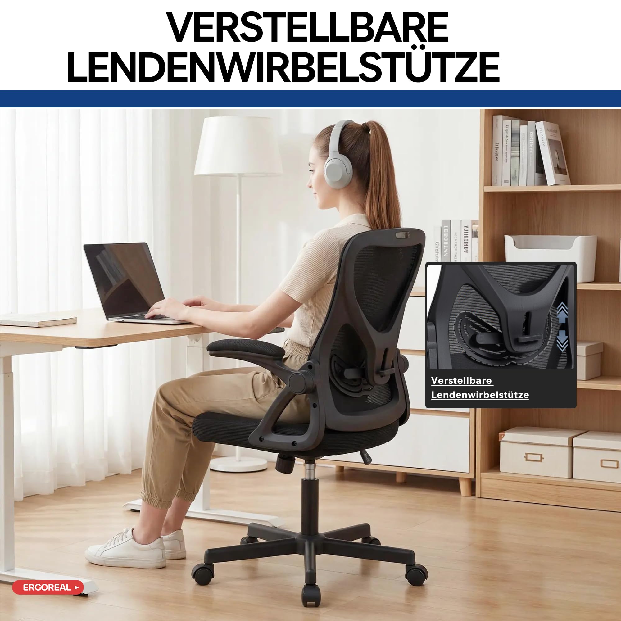 Bürostuhl ergonomisch – Schreibtischstuhl Netz, Lendenstütze 150kg | Klappbare Armlehnen, verstellbare Lendenstütze, 90-110° Rückenlehne, höhenverstellbar, leise Rollen, Homeoffice & Büro