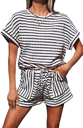 LEMAFER Womens Pajama Set Stripe Knit Short Sleeve Top and Drawstring Shorts 2 Piece Lounge Sets Summer Loungewear