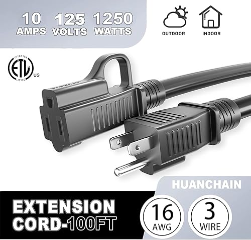Miniatura 7 de HUANCHAIN Cable de extensión negro para interiores y exteriores, 100 pies, impermeable, calibre 163, flexible, resistente al frío, cable de