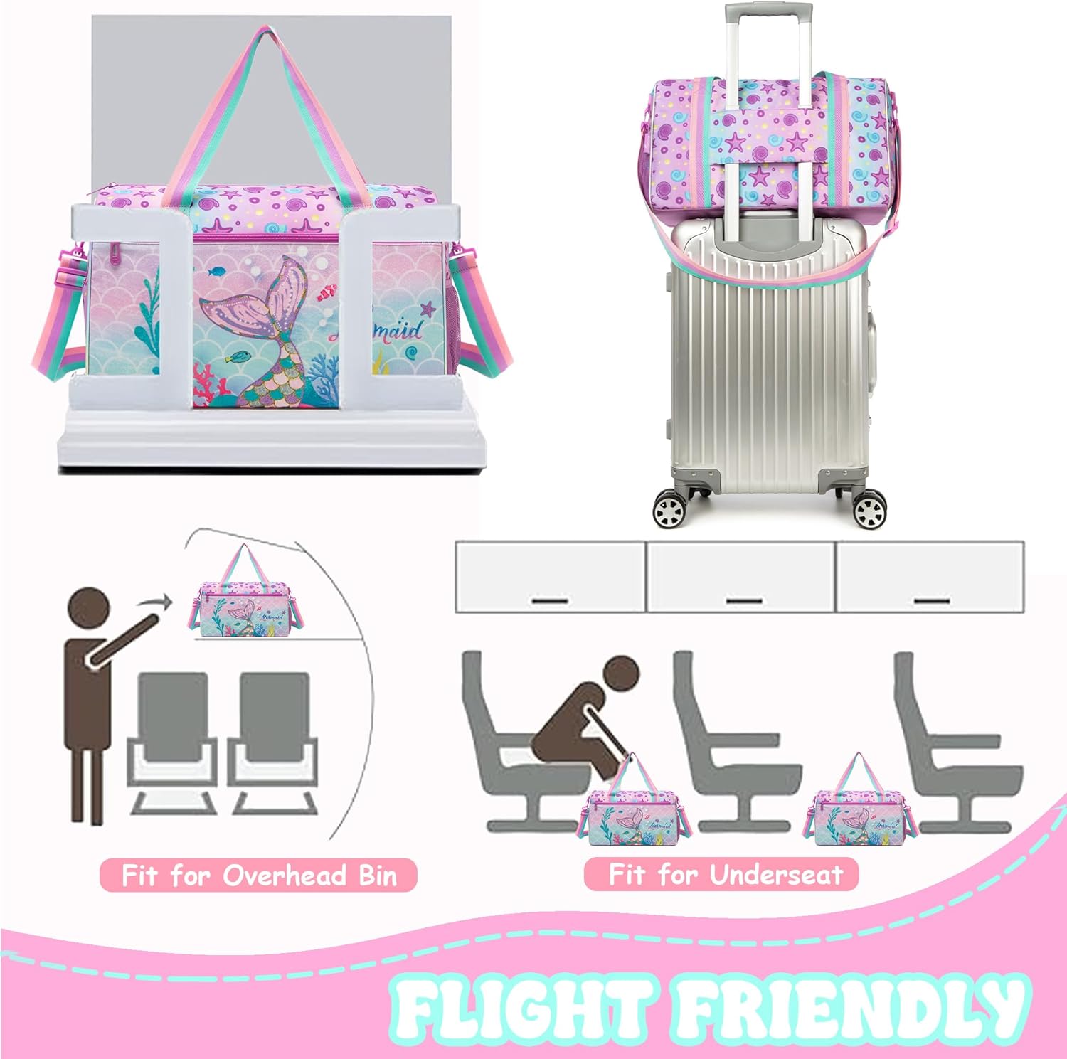 Kids Luggage Set with Wheels Girls Cute Mermaid Travel Softside Suitcases 16