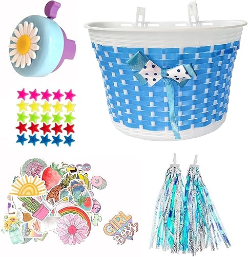 Miniatura 8 de Accesorios de decoración de bicicleta para niños, cesta de scooter de bicicleta, campana de bicicleta para niños, serpentinas y calcomanías de mango