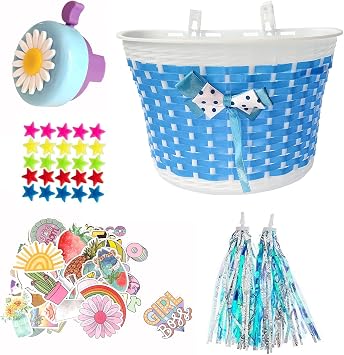 Kids Bike Decorations Accessories,Bicycle Scooter Basket, Children Bicycle Bell,Bike Handle Streamers and Stickers, Bike Star Spoke Decoration Set for Girls Boys