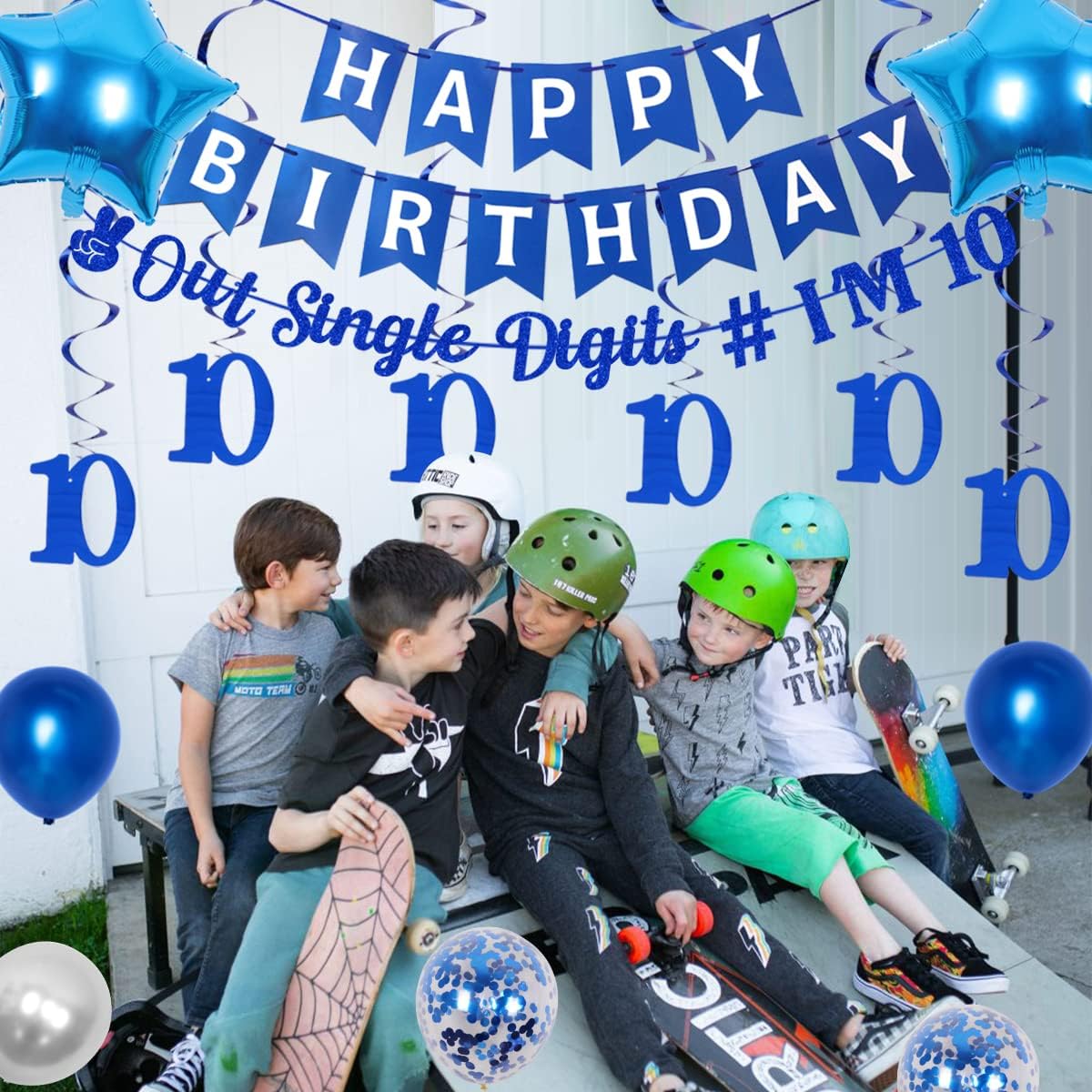 10th Birthday Decorations for Boys Girls, Blue Peace Out Single Digits Tenth Birthday Party Supplies with Hanging Swirls & Paper Glitter Banner Cake Topper Double Digits Birthday Decor