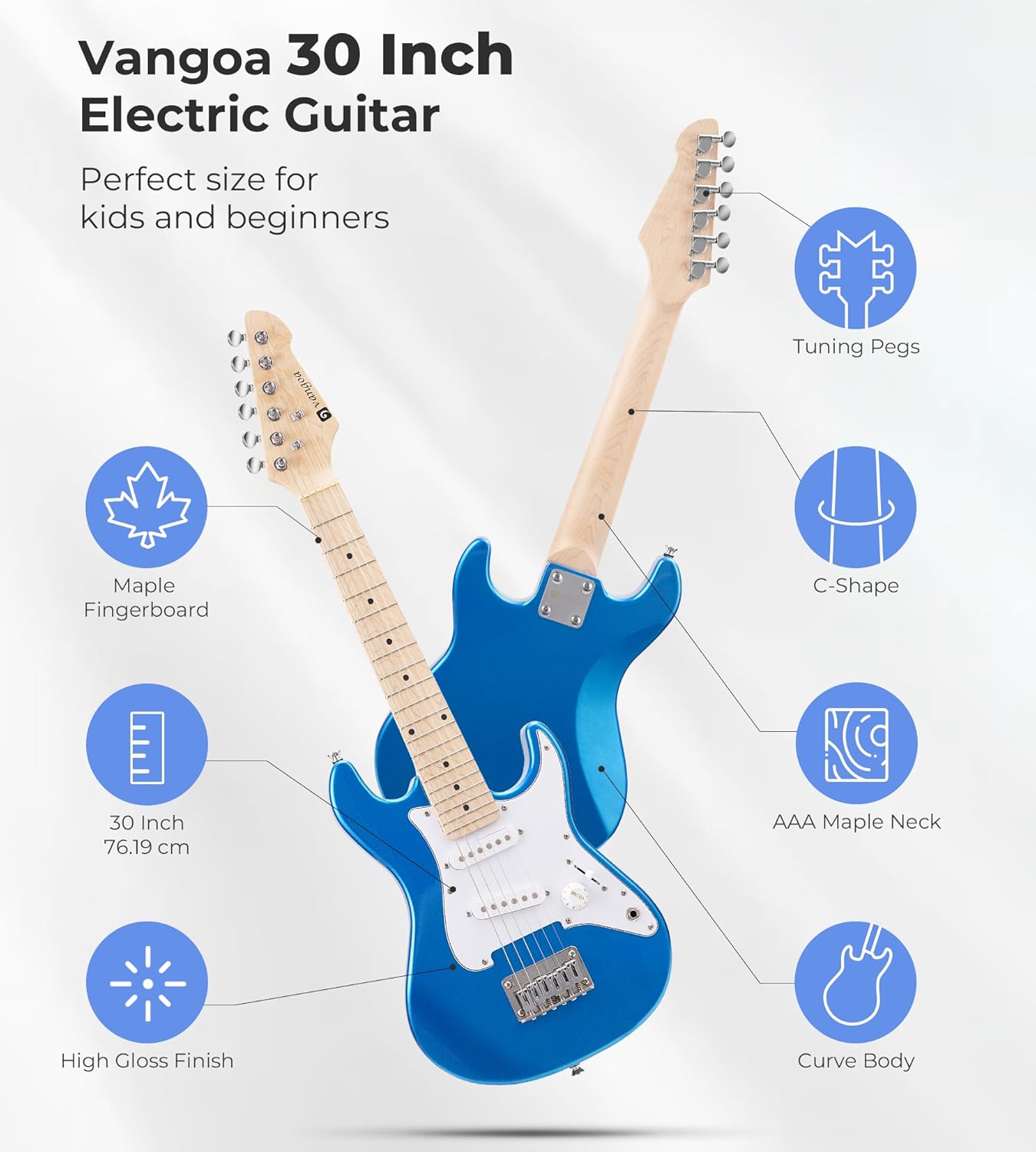 Diagram illustrating the features of the Vangoa 30-inch Electric Guitar, including tuning pegs, maple fingerboard, C-shape neck, AAA maple neck, 30-inch size, and high gloss finish.