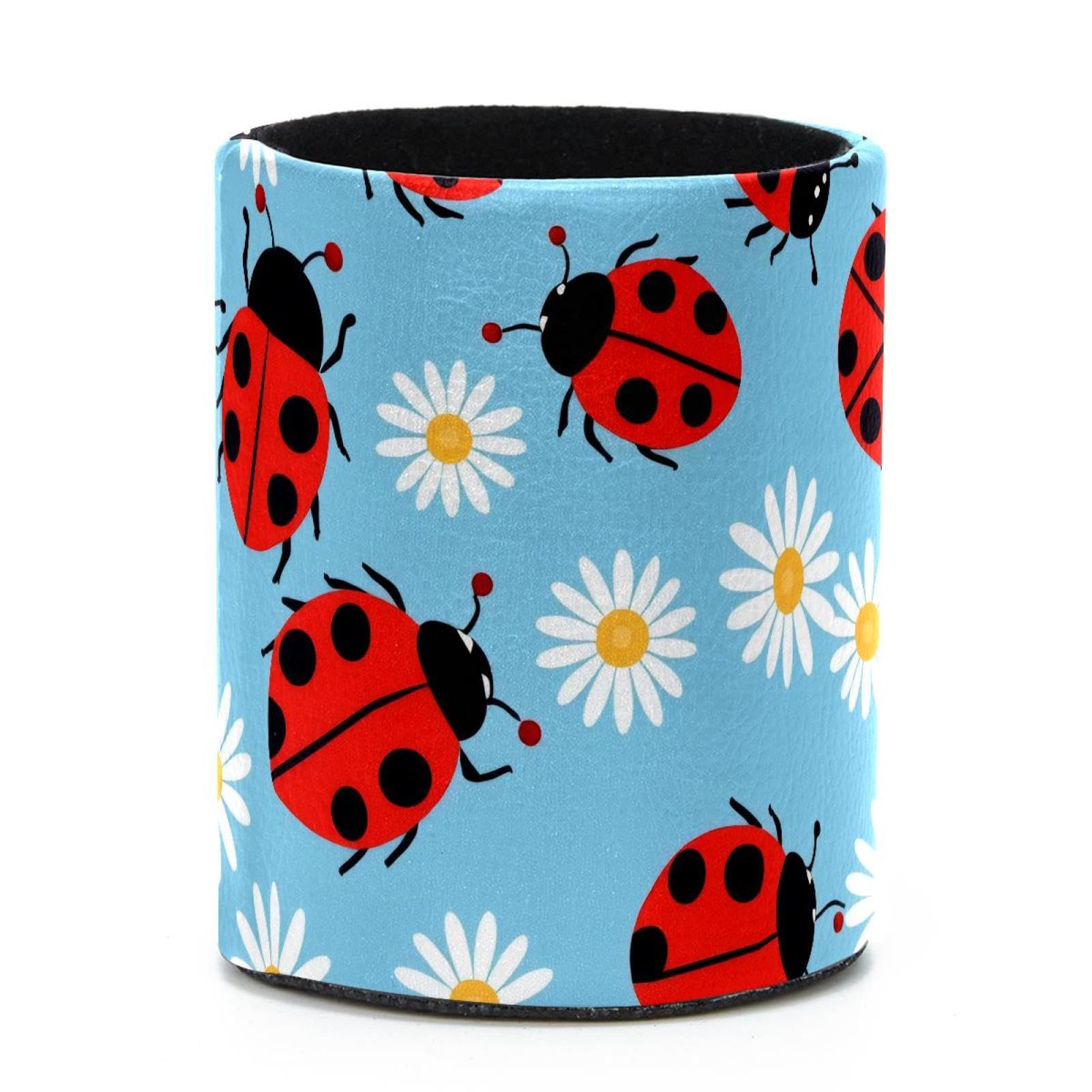 VAPOKF Round Pencil Holders for Desk, Ladybugs Daisies Pen Holders Pen Pot Makeup Brushes Storage Desktop Stationery Supplies Organiser for Home Office