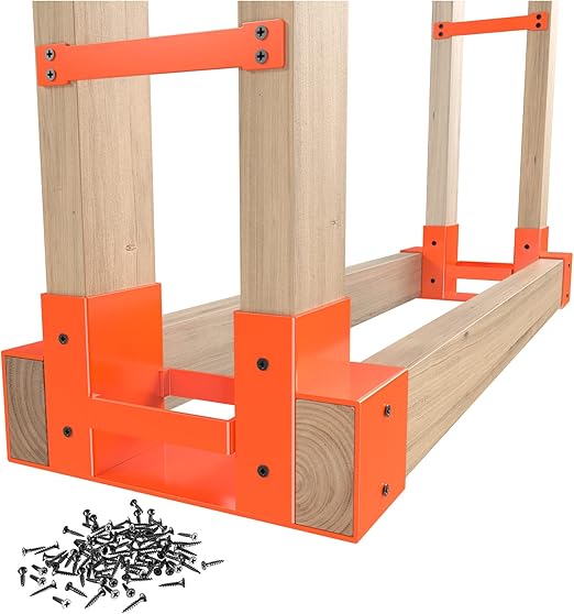 Mr IRONSTONE Firewood Log Storage Rack Bracket Kit, Adjustable Wood Rack Length Based on the Amount of Wood, for Outdoor Indoor Patio Deck Metal Log Holder Outdoor Tools with 34 Accessories Orange