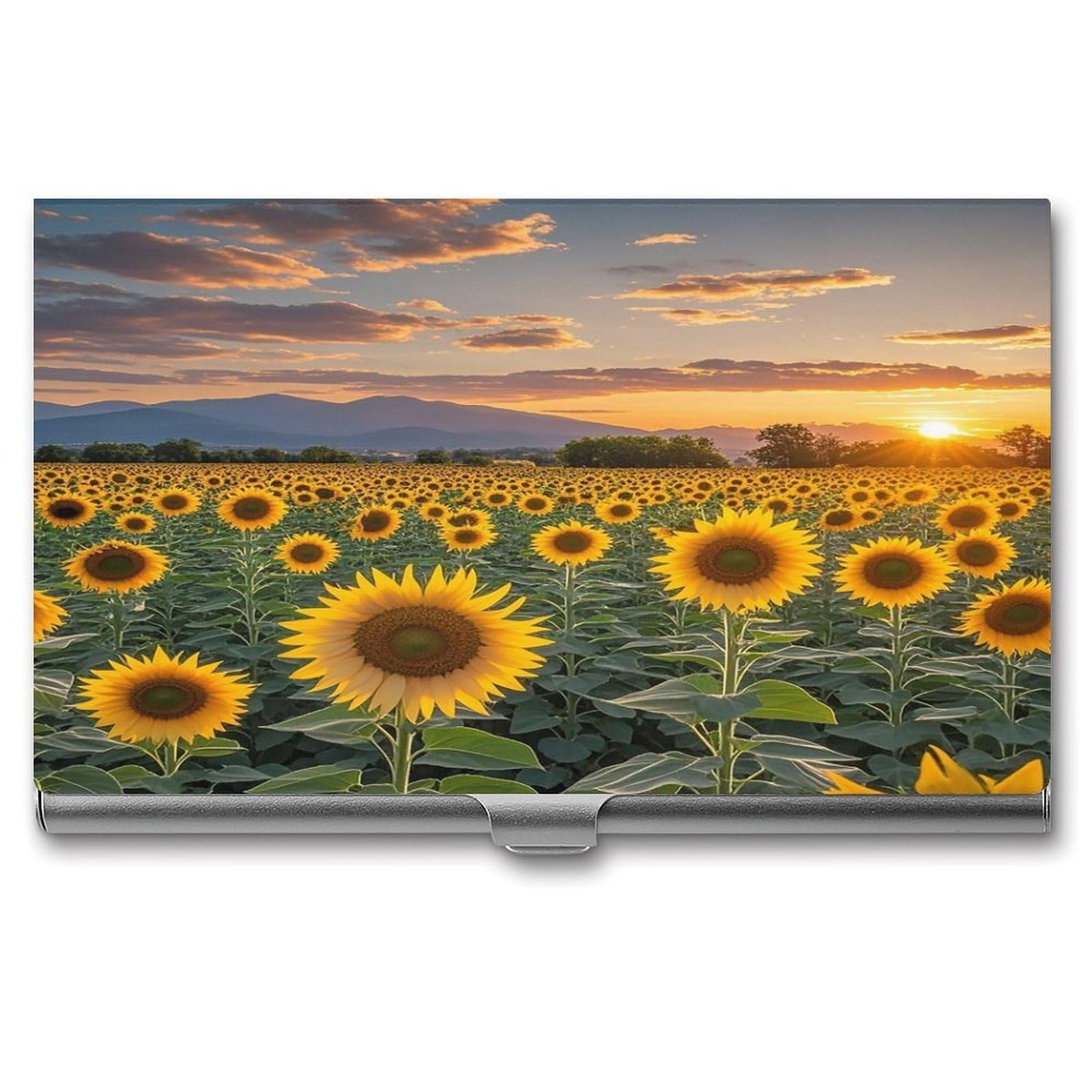 FekiLoot Beautiful Sunflower Field Sunset Business Card Holder Aluminum Alloy Business Card Case Convenient to Carry Business Card Dispenser for Men Women