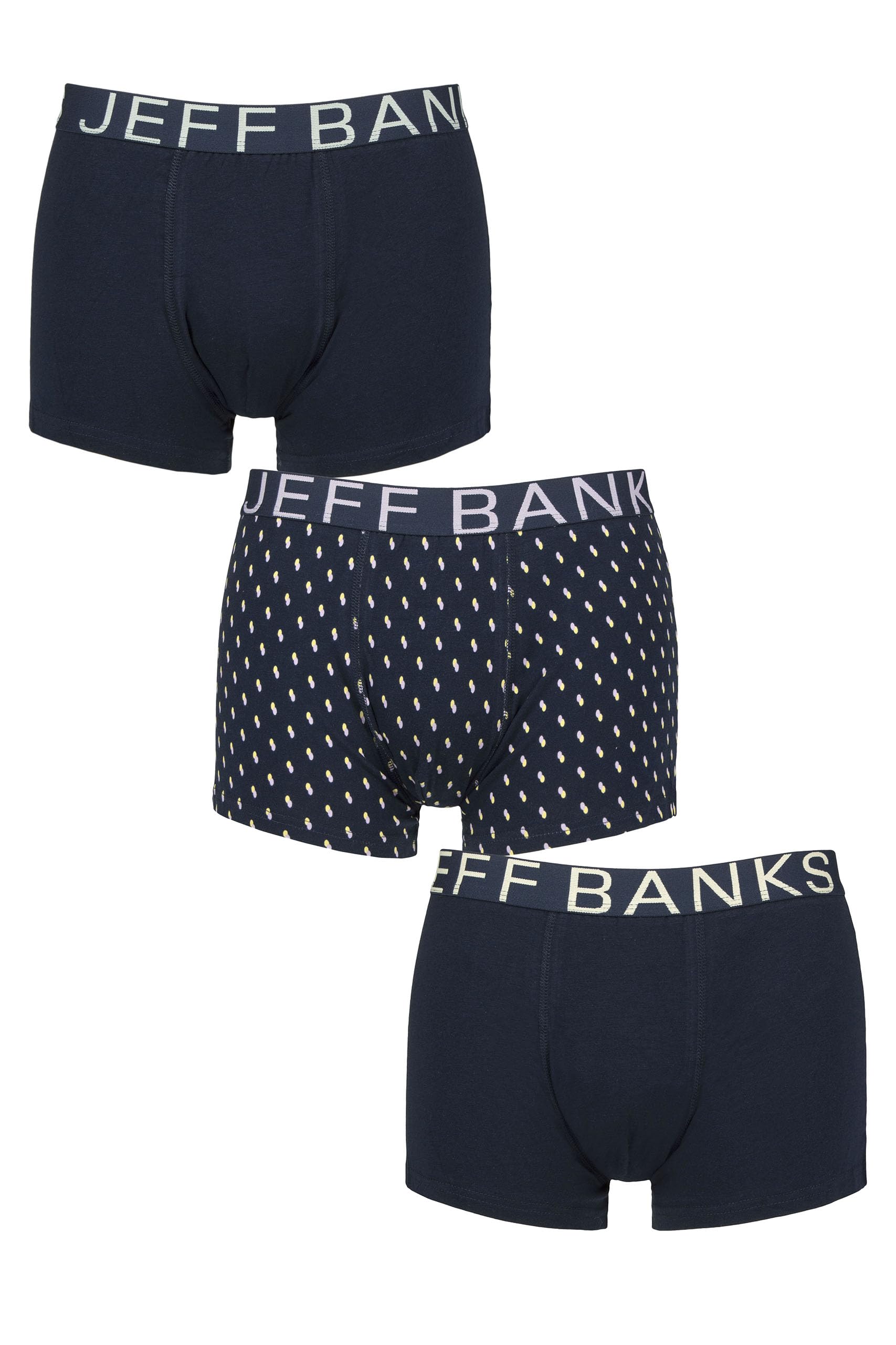 Jeff Banks Men's Navy Spots Cotton Trunks - Soft Cotton, Patterned, Plain, Striped, Spotty, Black, Navy, Label-Less, 3 Pack, Sizes S,M,L,Xl S