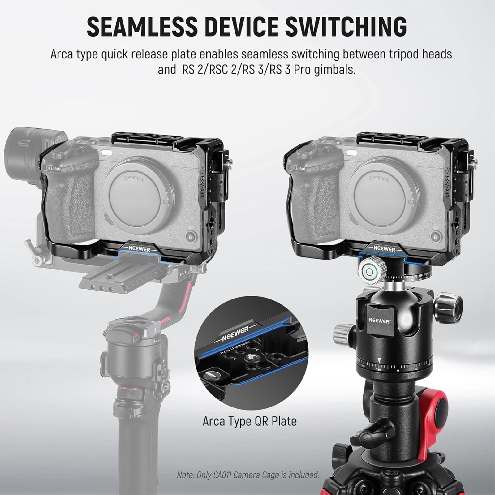 NEEWER FX3/FX30 Cage Gabbia per Fotocamera con Morsetto per Cavo HDMI, Guida NATO, Fori ARRI da 3/8", Filettatura 1/4" Compatibile con Sony FX3 FX30 Maniglia XLR Originale, Compatibile con DJI RS2 RS3