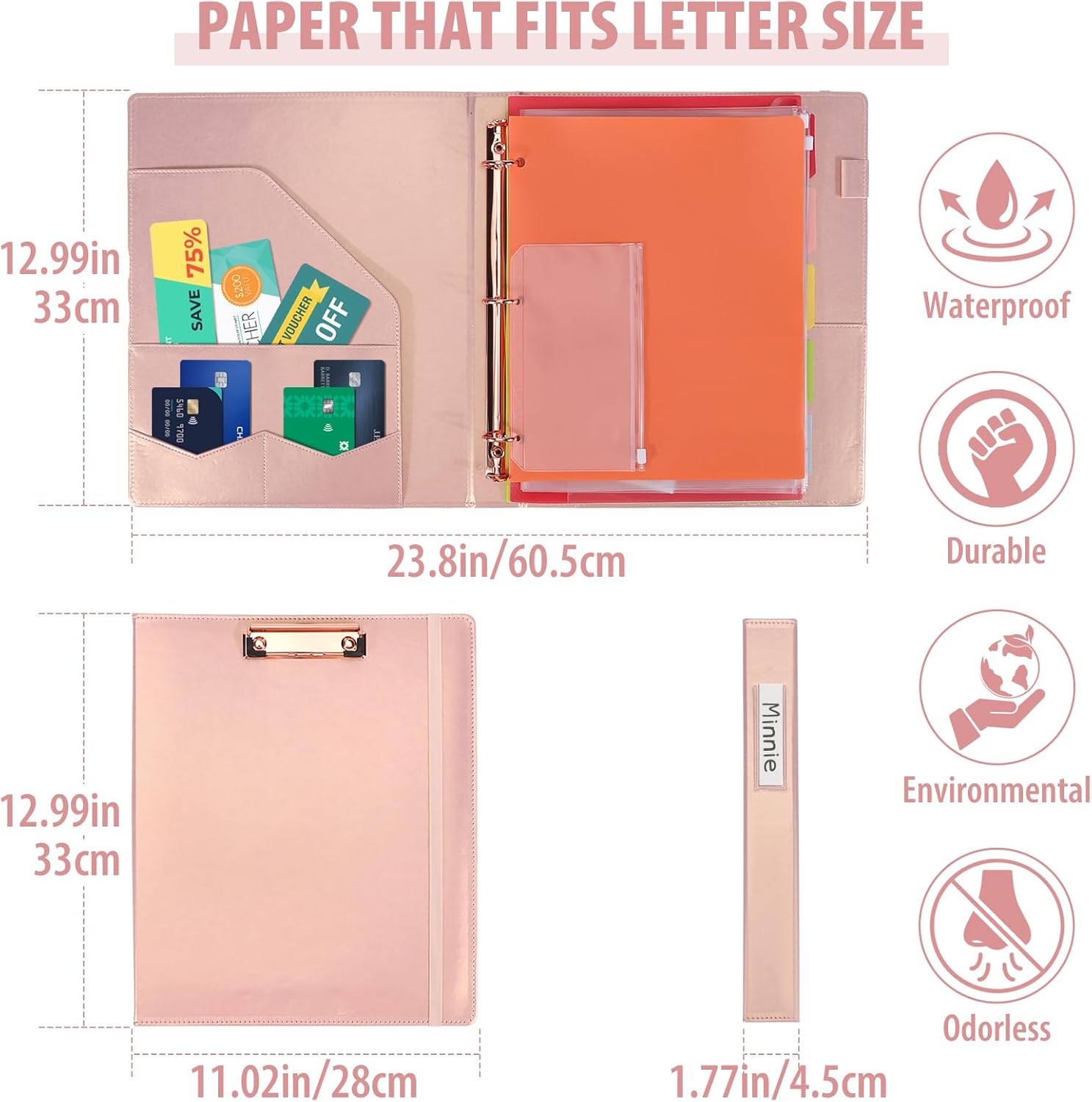 Leather Binder Portfolio with Clipboard 1 Inch, 13" × 11" PU Clipboard Binder with Notepad, 5 Dividers with Pockets, Removable Folder,Labels,Great for School Office(Fit Letter Sized Paper) - Image 3