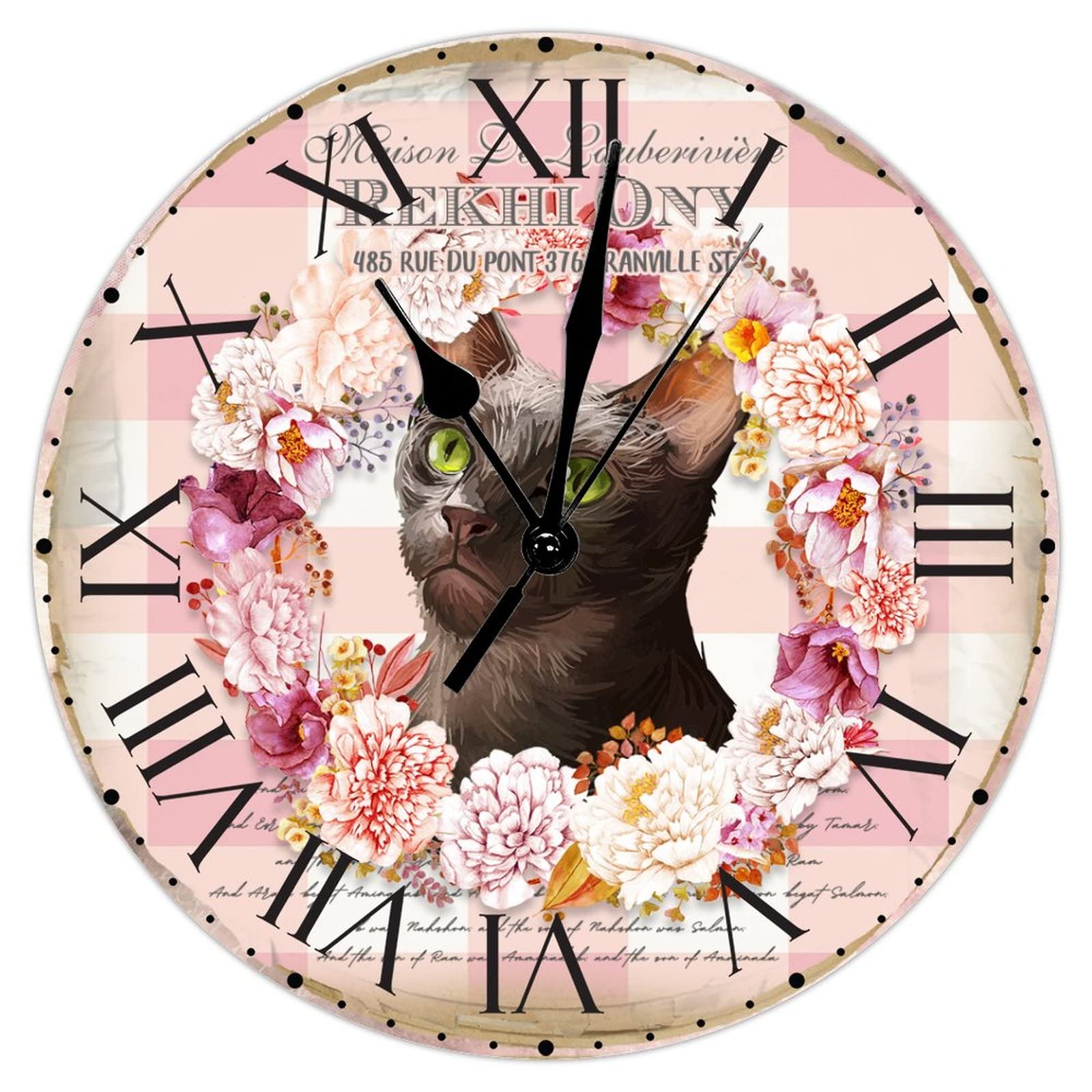 Horloge murale pour salon et bureau au design de chat rose avec aiguilles silencieuses