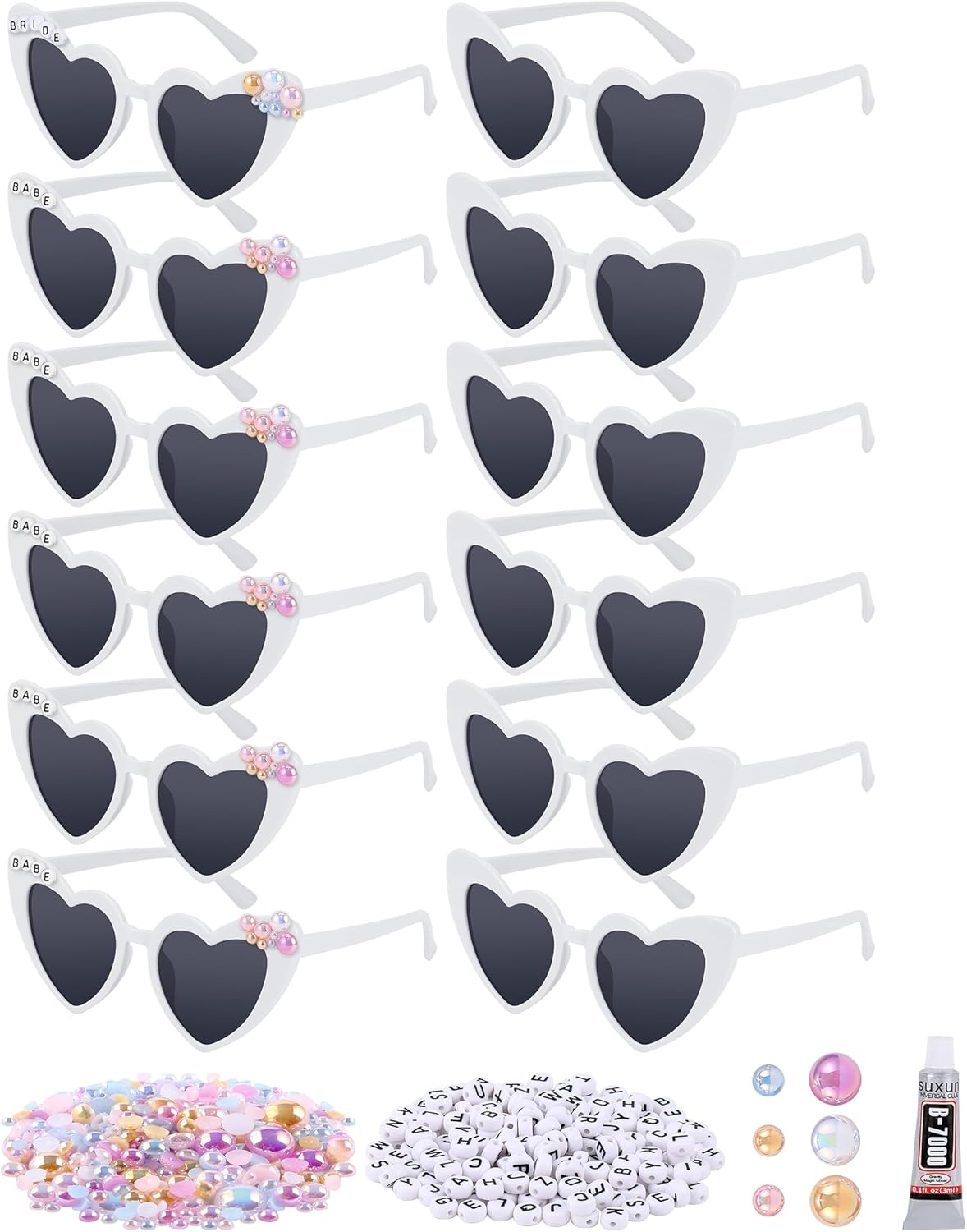 Xuhal 12 Pairs Valentines Heart Sunglass Bulk Wedding Bridesmaid Bachelorette Glasses with DIY Letter Bead Pearl for Party