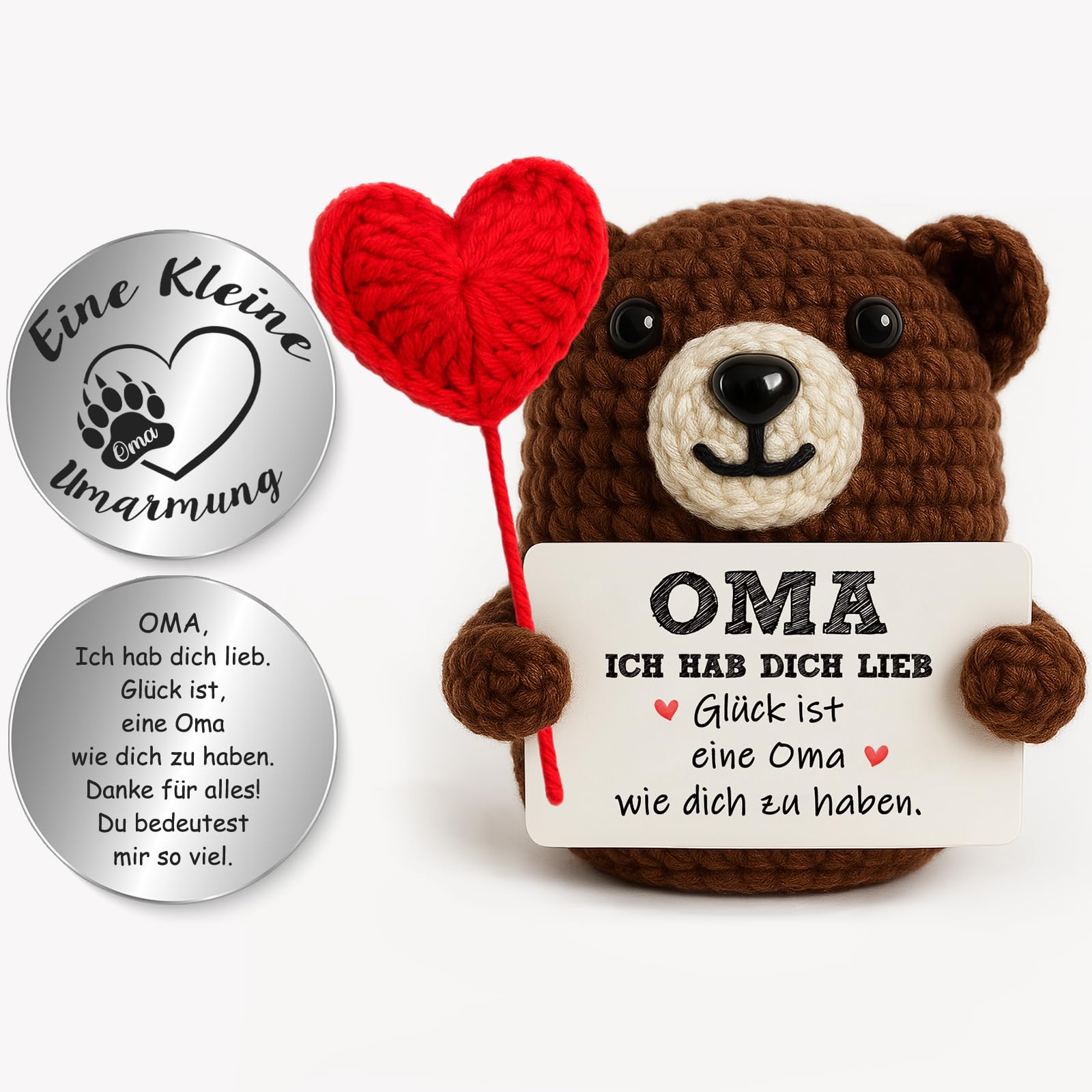 Tixlux Pocket Hug Oma Glücklicher Bär mit Herz– Handgefertigte Strickwolle Bär-Figur mit Umarmung Glücksbringer, Liebevolles Geschenk für Oma, Geburtstag, Gute Besserung, Weihnachten