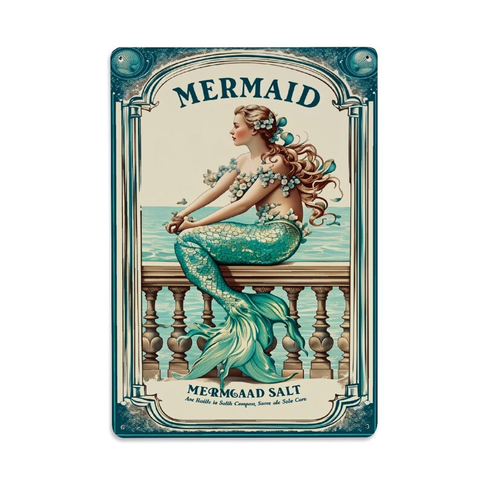 Jdyaojiesheng Vintage Mermaid Salt Label Artwork Design Tin Sign Retro Metal Wall Decor Metal Poster, Home Bar Garage Farmhouse Cafe Wall Art Decoration 8X12inches