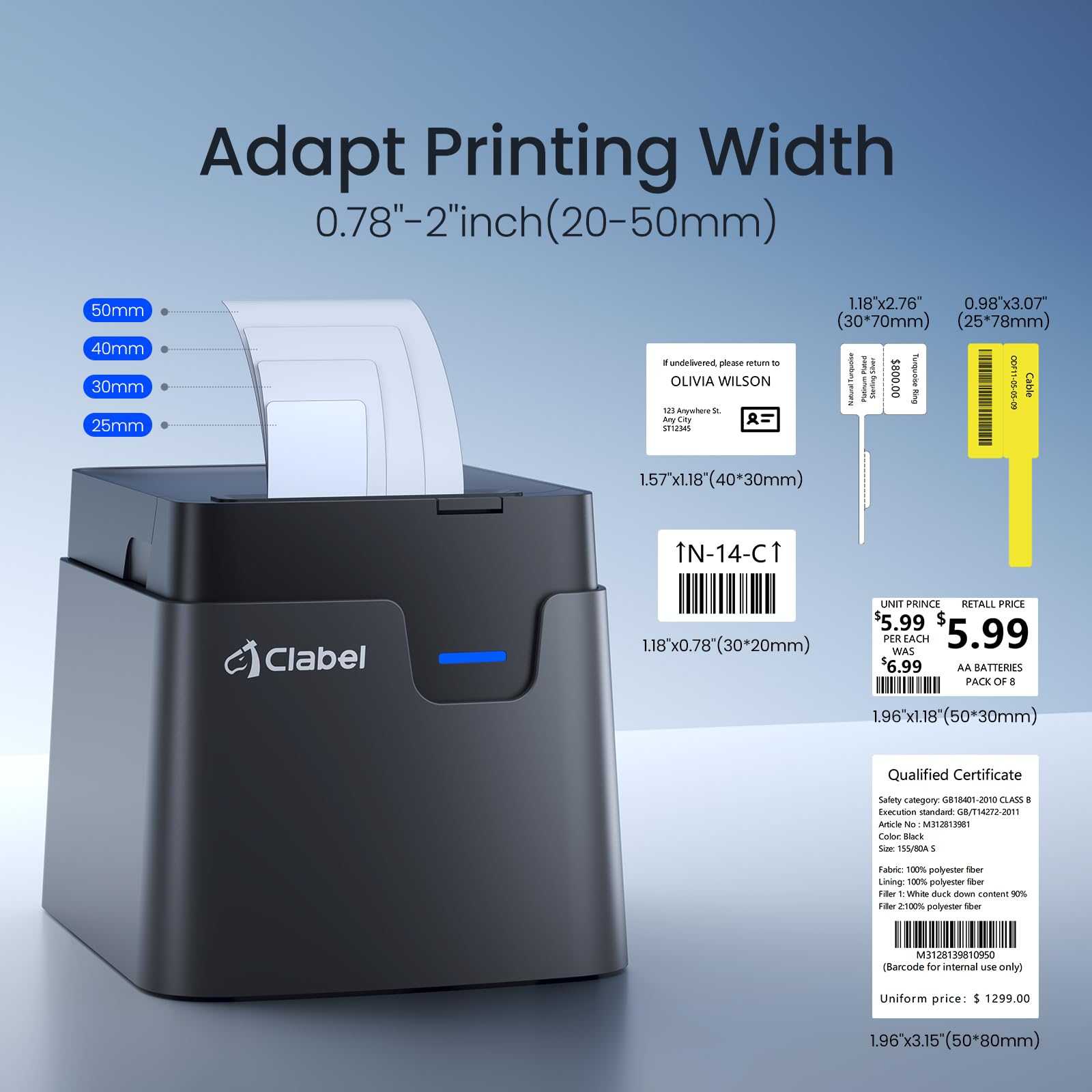 CLABEL 221D Bluetooth Etikettendrucker für Desktop Thermo Etikettiergerät Selbstklebend, Labeldrucker Kompatibel mit PC & Smartphone für Barcode Handel Preis Büro, mit 1 Rolle 50x30mm Etiketten